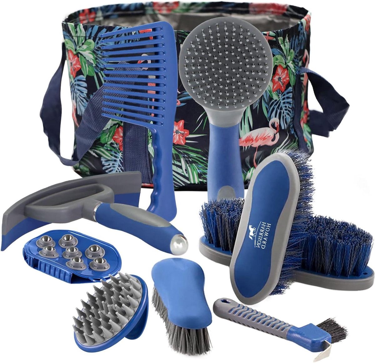 Kit De Brossage Pour Chevaux 7 Pièces – Sac De Rangement Inclus – Idéal Pour Les Soins équins – Bleu Pailleté