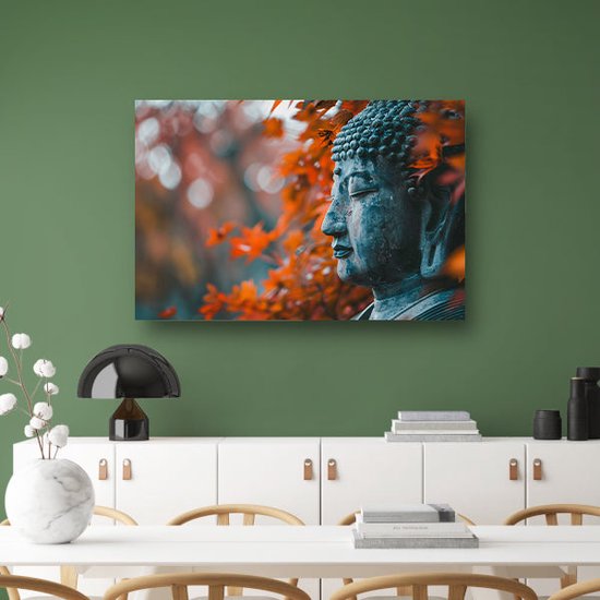 Boeddha portret - Beeldhouwwerk wanddecoratie - Schilderij op canvas Bladeren - Muurdecoratie industrieel - Muurdecoratie canvas - Woonkamer accessoires canvas 60x40 cm