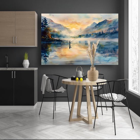 Décoration murale pêcheur - Tableau homme - Peintures toile Montagnes - Tableau Vintage - Tableau toile salon - Toile décoration murale chambre 90x60 cm