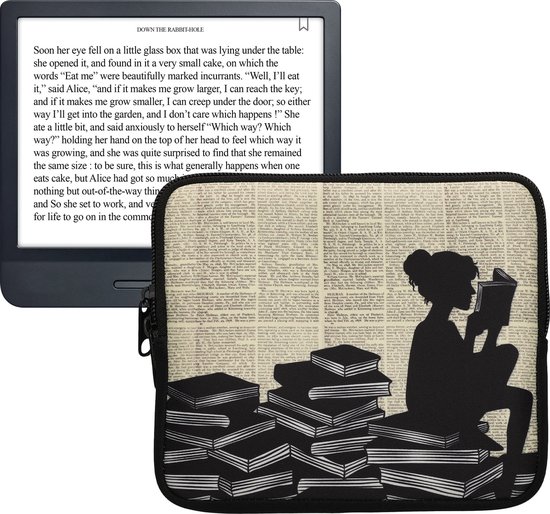 kwmobile Universele Cover voor eReader - Neopreen hoesje Meisje met boeken design zwart / beige van Merkloos — afbeelding 3