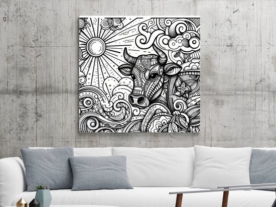 Doodle vee schilderij | Vee-dazzling Doodle Delight: A Whimsical Masterpiece of Bovine Beauty | Kunst - 100x100 centimeter op Forex | Foto op Forex