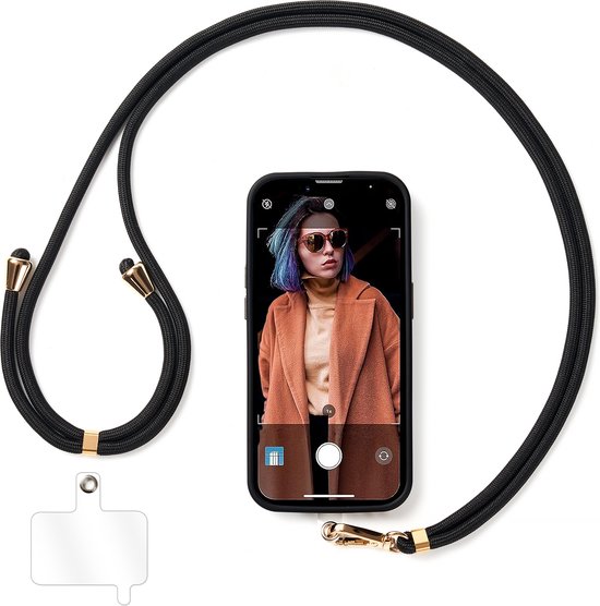 Foto: Yono telefoonkoord universeel nylon telefoon ketting verstelbaar phone cord telefoon gsm koord zwart