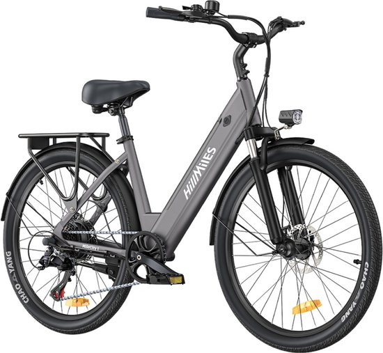 Foto: Hillmiles milecity1 elektrische fiets 250w motor 36v 13ah accu 26 inch band 32 km u maximale snelheid 100 km maximaal bereik shimano 7 speed mechanische schijfrem voorvorkvering ip65 waterdicht grijs