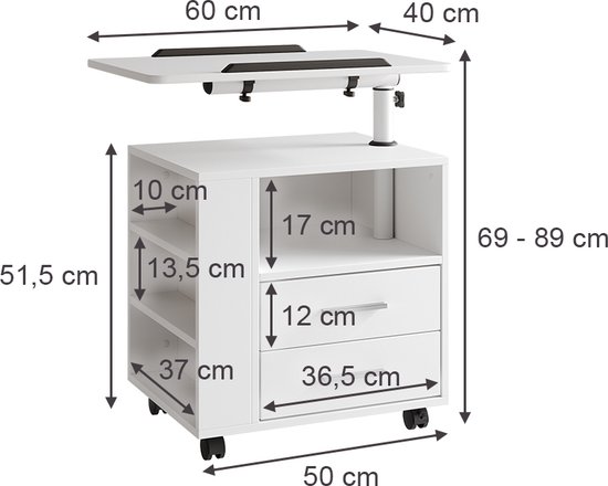 Dimensions d'une table de chevet blanche avec plateau réglable, deux tiroirs et étagères ouvertes.