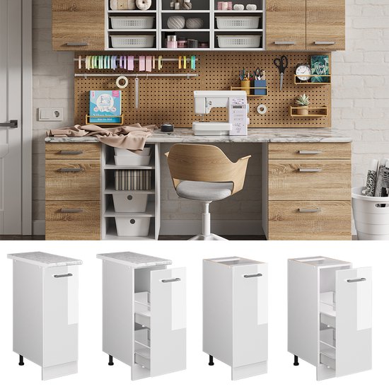Vicco Élément bas universel R- Line, Wit brillant/ Wit, 30 cm avec porte, sans plan de travail