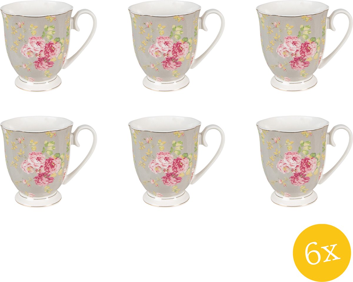 Clayre & Eef Mok set van 6 stuks 290 ml Groen Wit Porselein Rond Bloemen Koffiemok