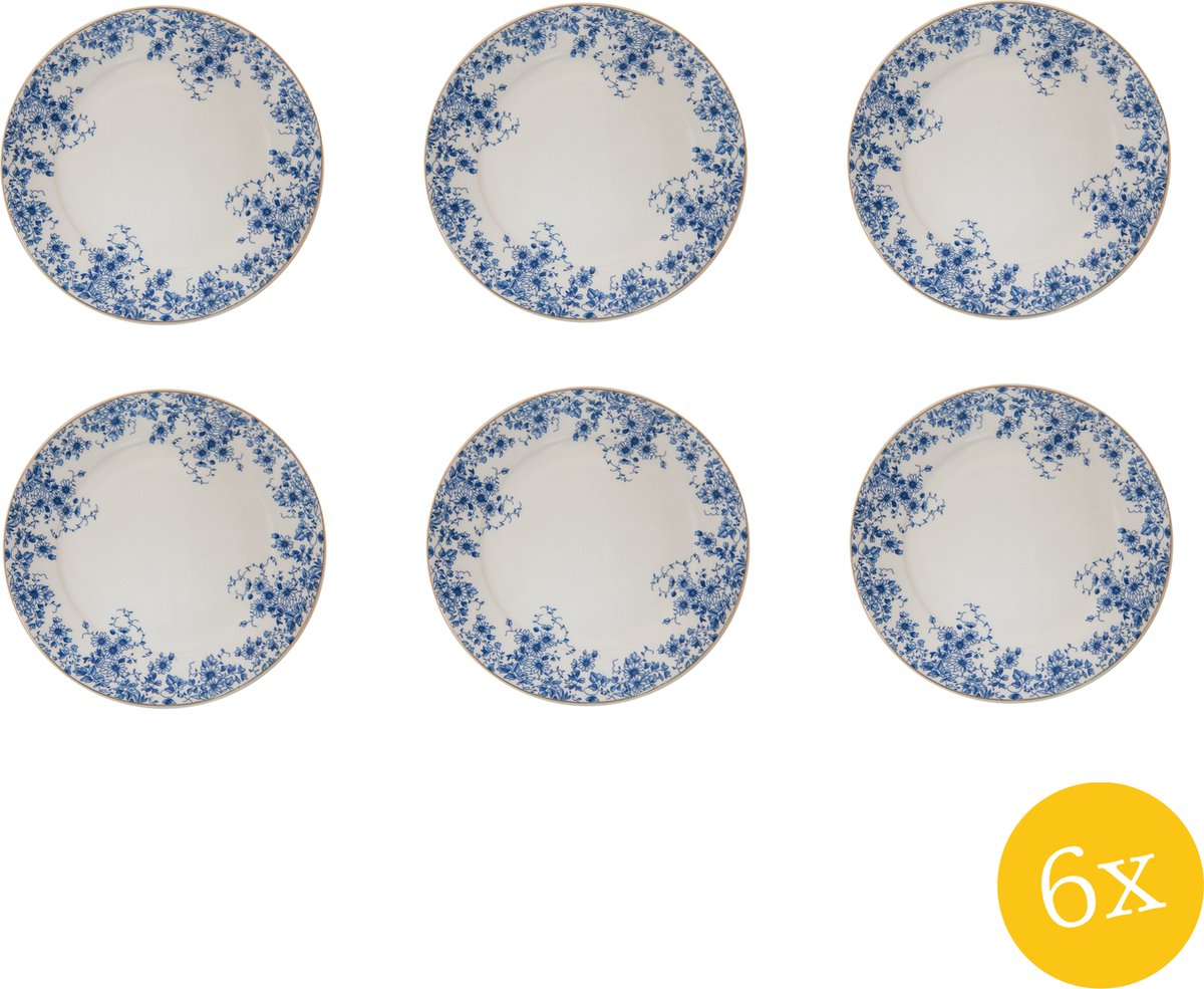 Clayre & Eef Ontbijtbord set van 6 stuks Ø 21 cm Blauw Porselein Rond Bloemen Bord