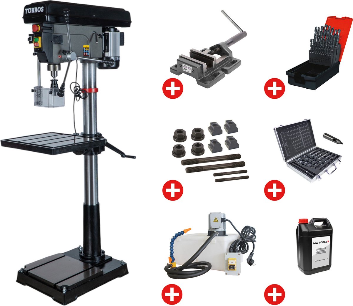 Professionele kolomboormachine boren tot ø 30 mm MK3 1,5 kW 400V met essentiiële toebehoren en koeleenheid Torros DF30T PACK PRO