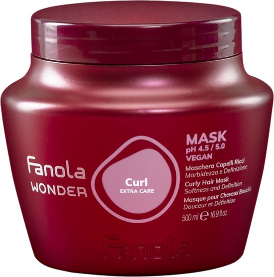 Fanola Wonder Curl Extra Care haarmasker in een donkerrode pot. Met tekst: 'MASK', 'VEGAN', 'Curly Hair Mask', 'Softness and Definition', '500 ml e 16.9 fl.oz.'
