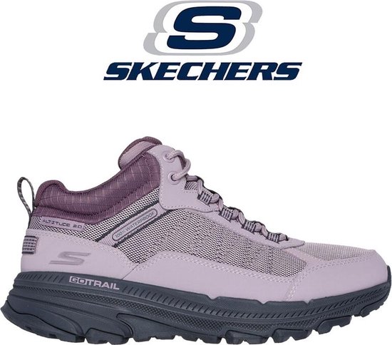 Paarse Skechers Go Run Trail Altitude 2.0 wandelschoen met veters en donkergrijze zool, met Skechers logo erboven.