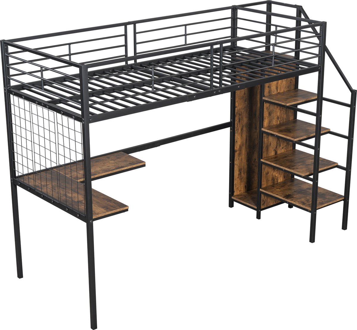 Merax Hoogslaper 90x200 met Bureau en Kledingkast - Zwart met Hout Bruin