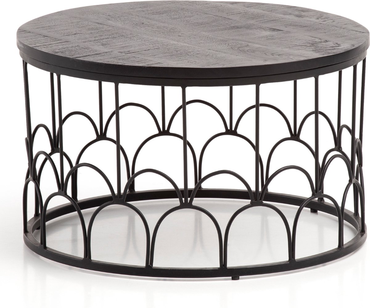 Salontafel 60x60x36 cm Mango Massief Hout / Metaal Zwart Salontafel Rond | Design woonkamertafel Industrieel | Stevige salontafel voor in de woonkamer met metalen frame