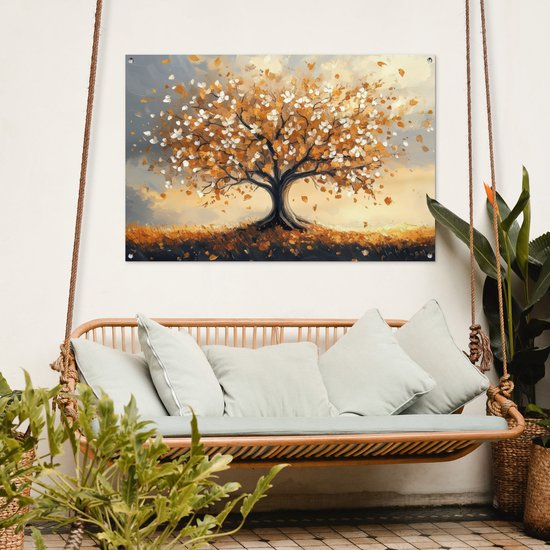 Tuinposter 120x80 cm - Tuindecoratie Herfst - Boom - Oranje - Bladeren - Levensboom - Abstract - Poster voor in de tuin - Buiten decoratie - Schutting tuinschilderij - Tuindoek muurdecoratie - Wanddecoratie balkondoek