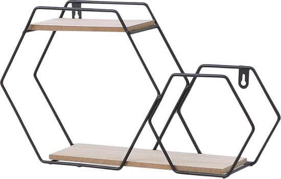 Zwart metalen zeshoekig wandrek met twee houten planken.