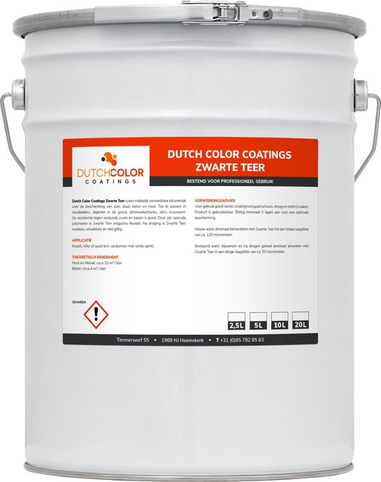 Dutch Color Coatings Zwarte Teer emmer met oranje, rode en witte opdruk. Te verkrijgen in 2.5L, 5L, 10L, 20L.