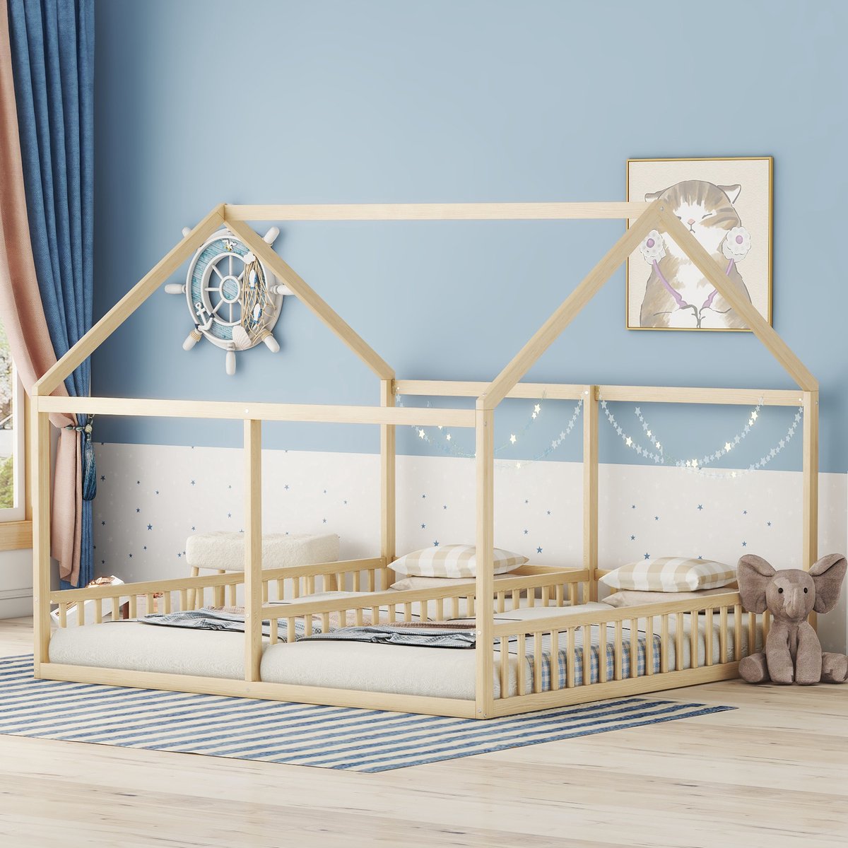 Gutent Kinderbed, 2-in-1 bed, Natuurlijke kleur (Geen matras) 90 x 200cm Eenpersoonsbed, Plat bed, Huismodel