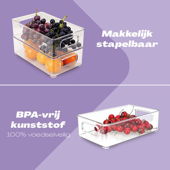 Twee transparante, stapelbare opbergbakken, gevuld met druiven en sinaasappels.