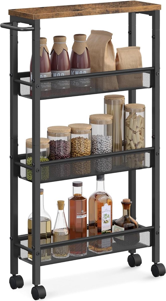 La Sheba VASAGLE LRC032B01V1 Karretje met 4 niveaus smalle keukenkar nicherek keukenrek op wielen stalen frame handgreep voor kleine ruimtes keuken badkamer woonkamer kantoor vintage bruin-zwart