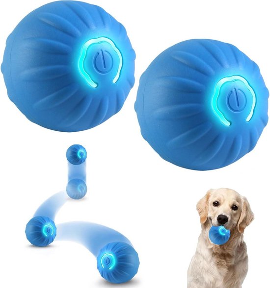 Twee blauwe interactieve hondenspeelballen, een golden retriever met bal in zijn mond.