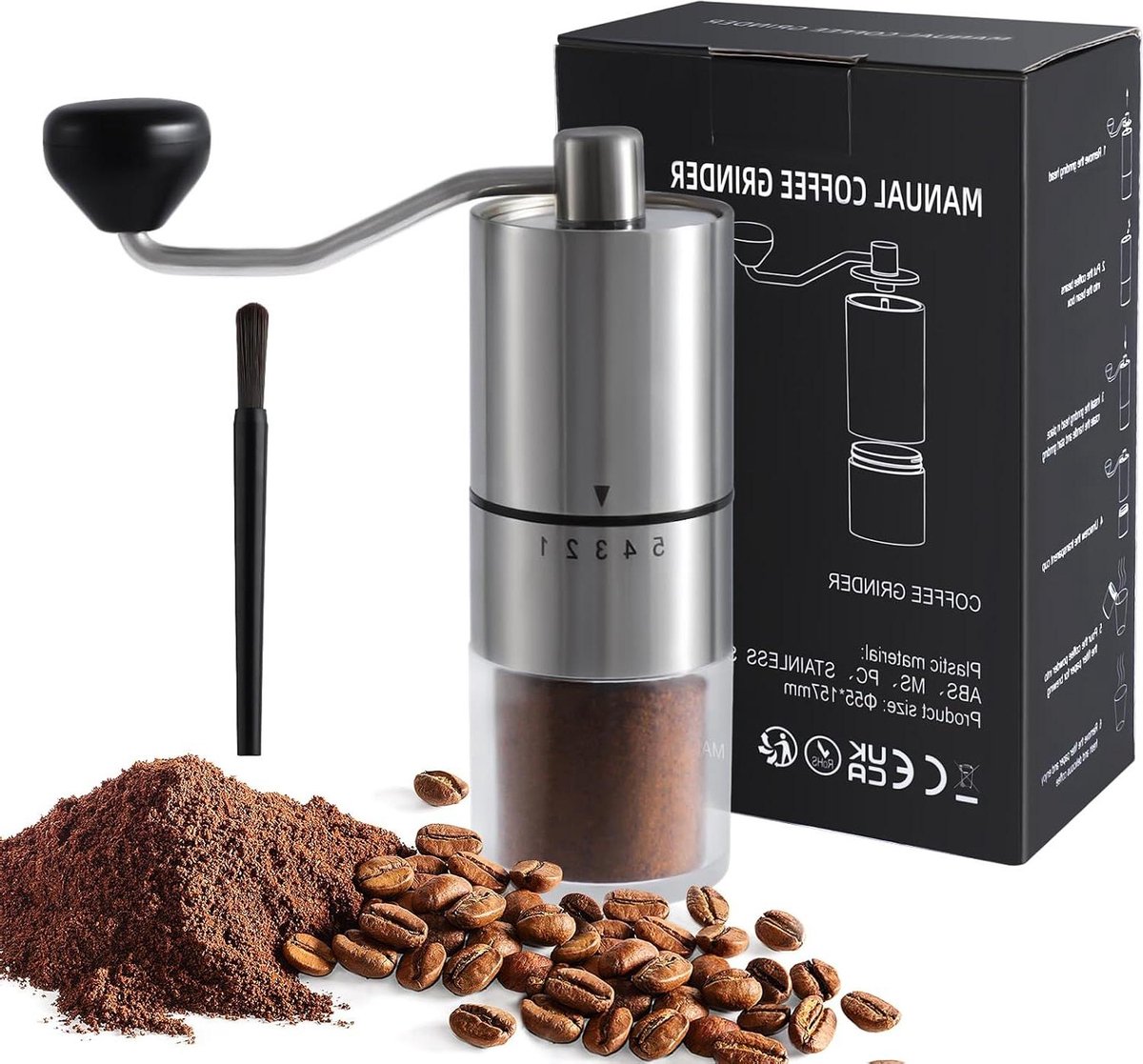Koffiemolen instelbare koffiemolen espressomolen afwasbaar koffieborstel malen koffie thuis kantoor keuken zilver roestvrij staal
