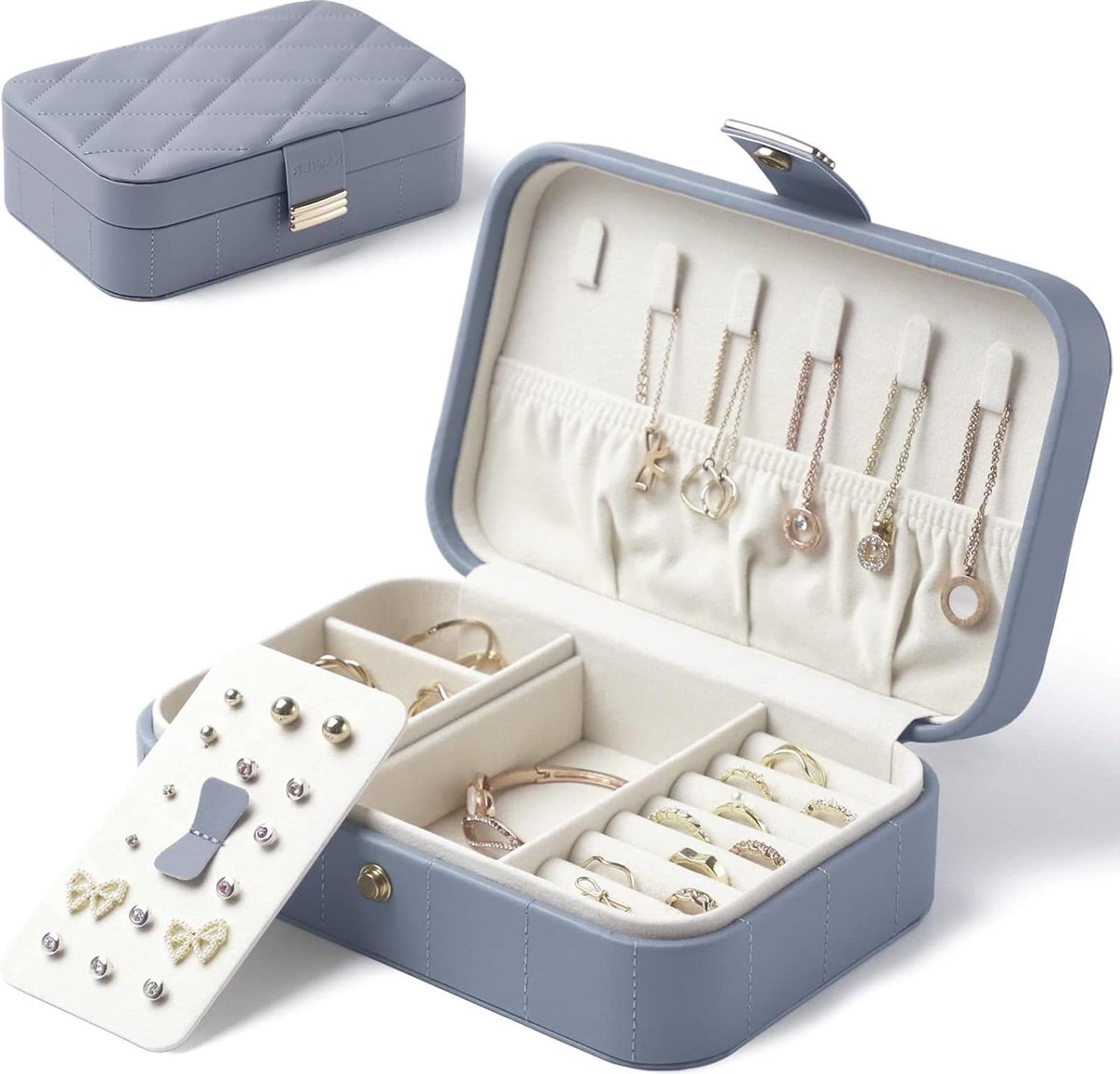Sieradendoos Reizen Diamant Gewatteerde Sieraden Case Opslag voor Ring Oorbellen Ketting - Luxe Draagbare Sieraden Organizer voor Vrouwen Meisjes (Blauwachtig Grijs)