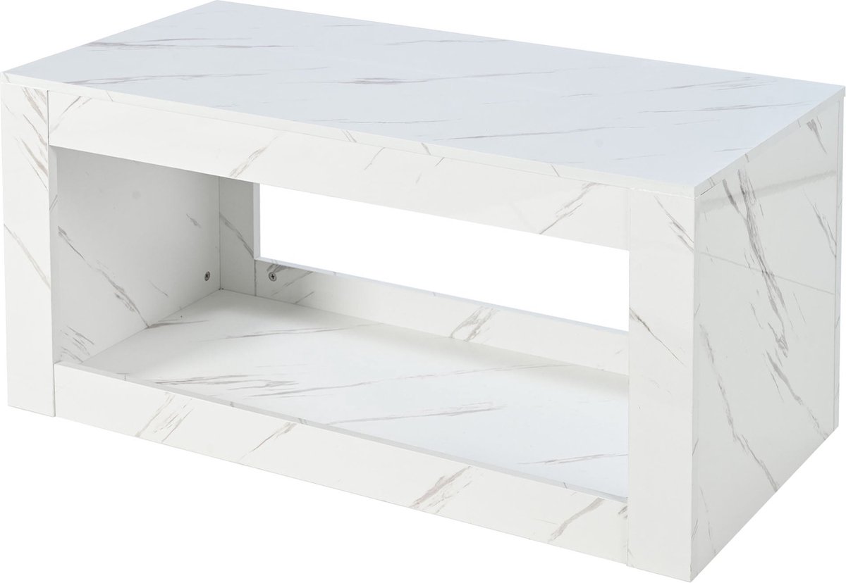 Merax Moderne LED Salontafel - Grote Hoogglans Salontafel met Marmerlook en 16-kleuren LED-verlichting - Inclusief Afstandsbediening - 100 x 50 x 50 cm - Wit