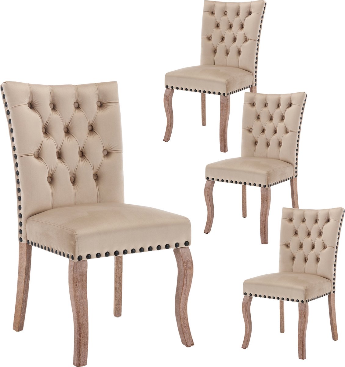 Merax Eetkamerstoelen Set van 4 – Velvet Stoelen met Deurklopper Rugleuning – Massief Houten Poten – Luxe Beige Bruine Keukenstoelen