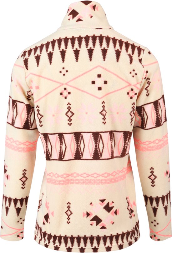 Crèmekleurige fleece trui met rits, beige met bruine en roze geometrische patronen, van achteren.