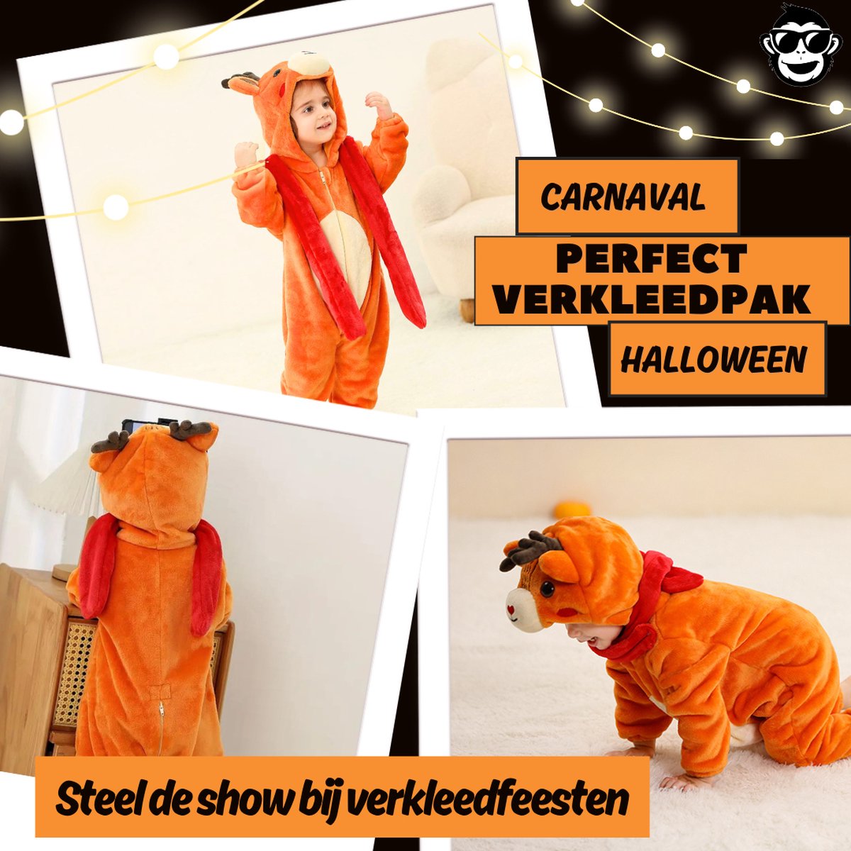 BoefieBoef Dieren Kleuter Onesie Peuter Pyjama Kinderen – Verkleedkleding met Luierrits – Carnaval Dierenpak - Kerst en Kraamcadeau - Zacht Flanel - Baby Kerst - Boxpak - Jongen - Meisje - Kruippak - Winterpak - Hert - rendier - bruin — afbeelding 4
