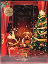 Lindt kerstadventskalender met label 'ohne Alkohol' en afbeelding van kerstdecoratie.