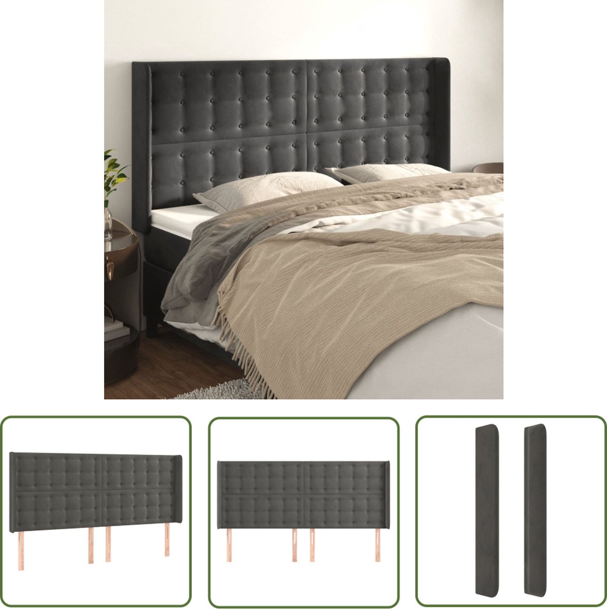 The Living Store Hoofdeind - Klassiek - 163 x 16 x 118/128 cm - Ken- Zacht fluweel - Kleur- Donkergrijs