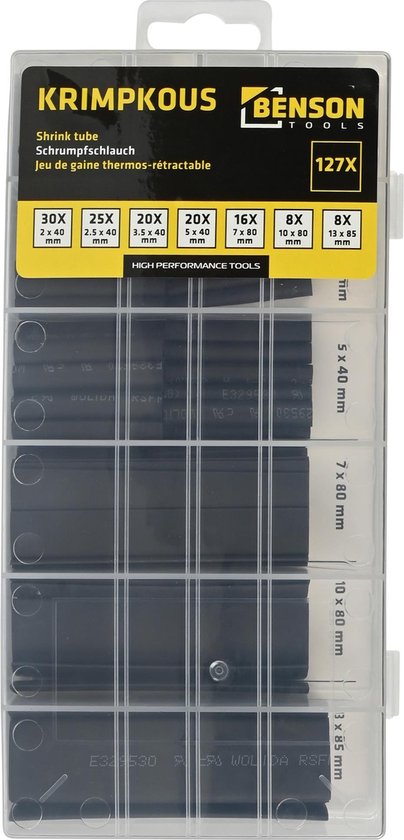 Verpakking Benson Tools 127X krimpkousen met maten op de voorzijde. Zwart.