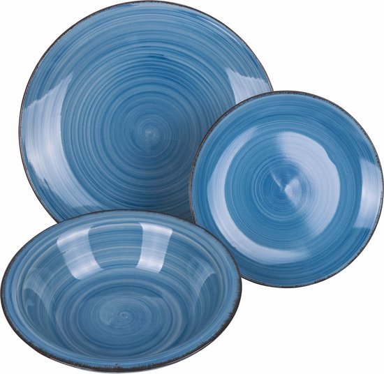 Service De Vaisselle 18 Pièces Baita Acqua En Porcelaine - 6 Couverts (assiette Plate, Creuse, Dessert), 6 Nuances De Bleu - 11