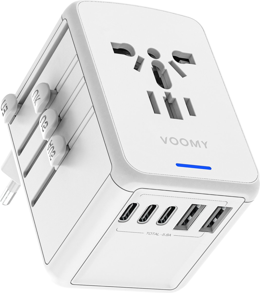Bol.com Voomy Universele Wereldstekker - 170+ landen - 3 USB-C & 2 USB-A Poorten - Reisstekker Wereld: Amerika (USA), Engeland (... aanbieding