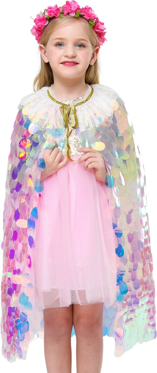 Joya Kids® Luxe Mermaid Glitter Cape met Accessoires | Zeemeermin Prinsessencape met Pailletten | Cape Set Paillet | Prinses jurk | Unicorn | Meisje Verkleedset | Carnvalskleding Meisjes | Met Mermaid Kroon, Staf, Tasje en Sieradenset — afbeelding 7