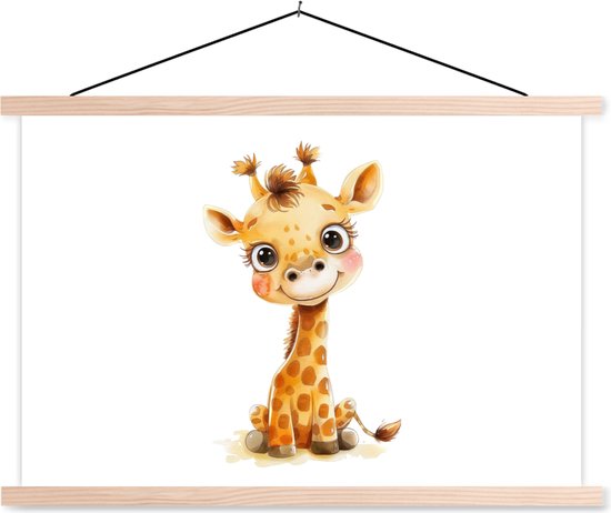 Posterhanger incl. Poster 90x60 cm - Schoolplaat - Giraf - Baby dier - Wilde dieren - Textielposter - Blanke latten