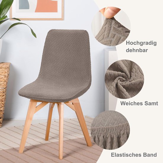 Grijze stoelhoes met visgraatpatroon op een stoel met houten poten, met details van de stof en elastische band.