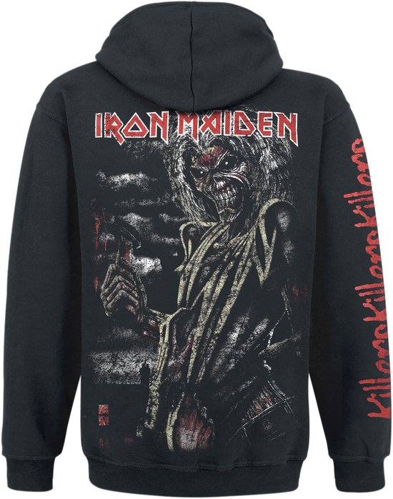 Zwarte hoodie met 'IRON MAIDEN' op de rug, en een afbeelding van Eddie met de tekst 'Killers' op de mouw.