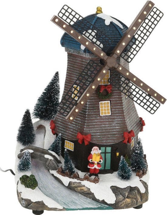 Christmas Decoration Kerstdorp molen - met draaiende wieken - LED verlichting - 30 cm