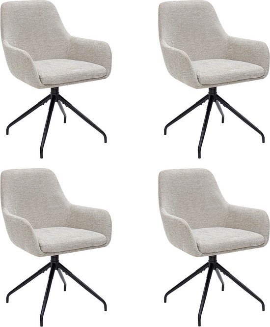 Quatre chaises de salle à manger champagne avec accoudoirs et pieds pivotants noirs.
