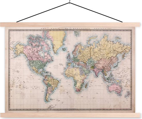 Affiche scolaire - Wereldkaart - Rétro - Couleurs - 120x80 cm - Lattes vierges