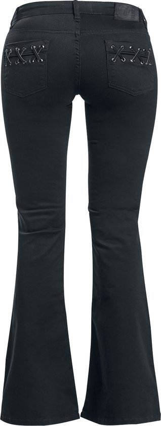 Achterkant van zwarte flared jeans met een slanke pasvorm.
