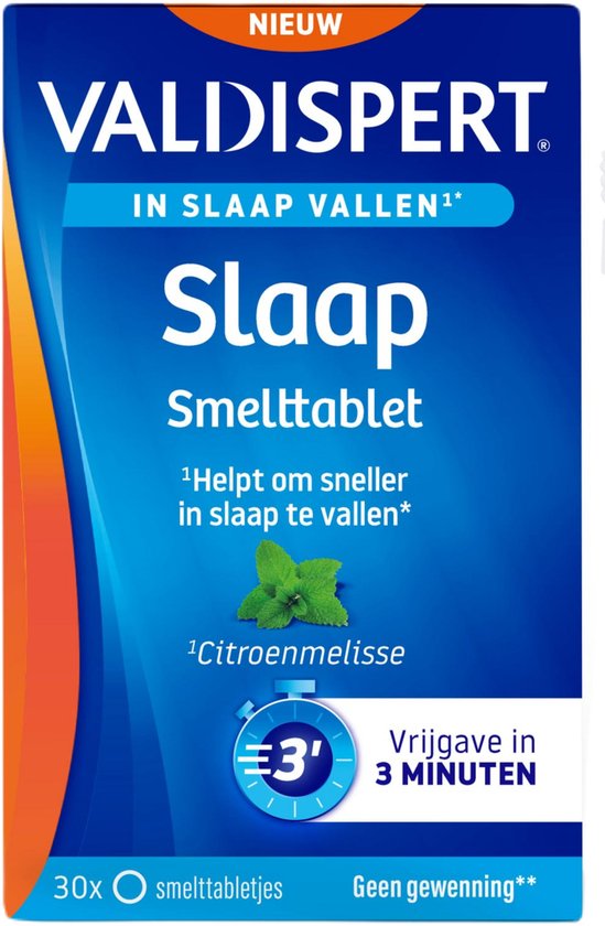 Valdispert Slaap Smelttablet met citroenmelisse. Helpt om sneller in slaap te vallen. Vrijgave in 3 minuten.