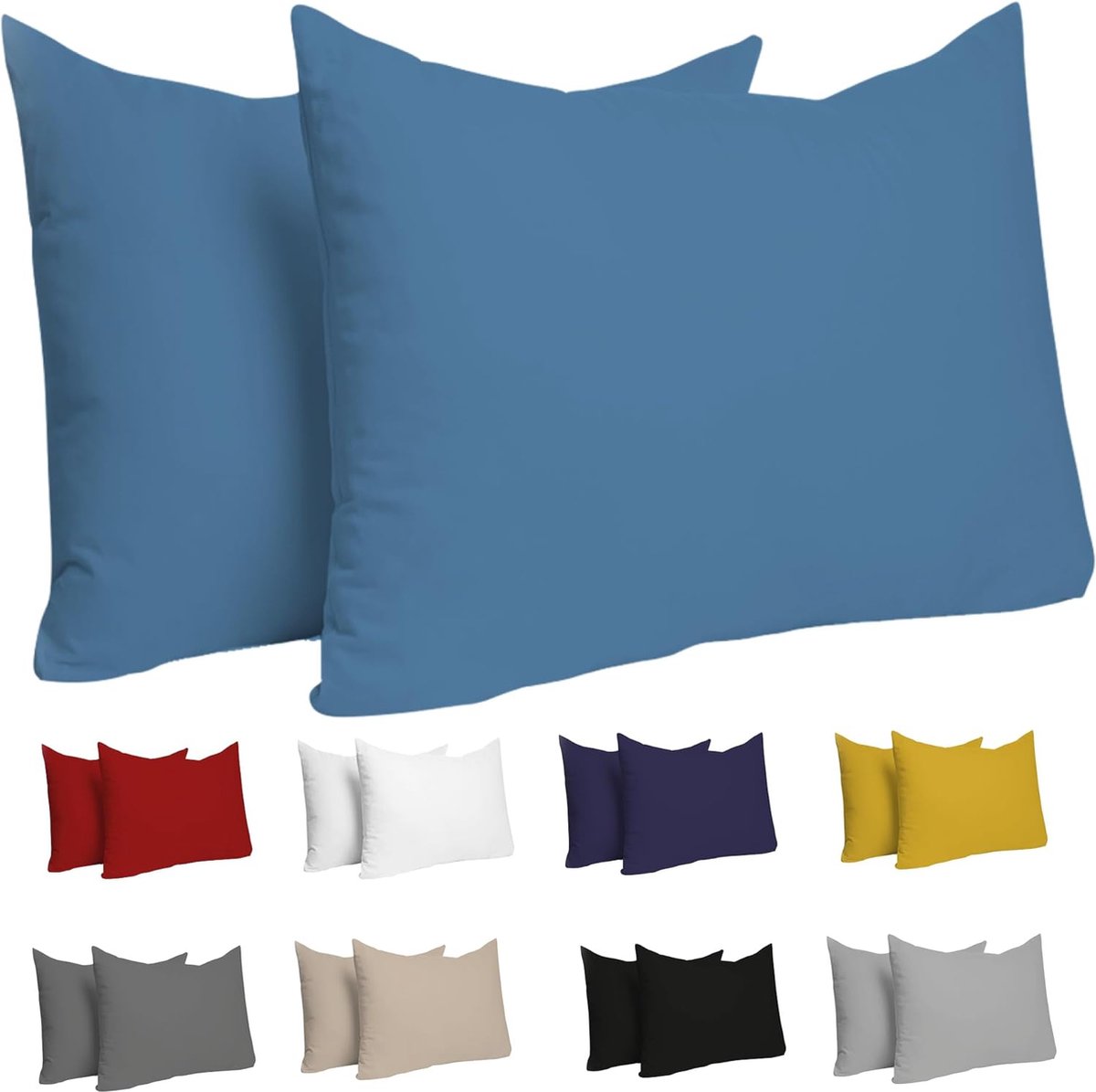 Azalia Kussensloop (Set van 2) – Blauw Katoen - Voor Kussens 50 x 70 cm - 100% Jersey Katoen - Beddengoed Dubbel Bed Kussensloop - Kussenbeschermer - Bestendig en Hypoallergeen