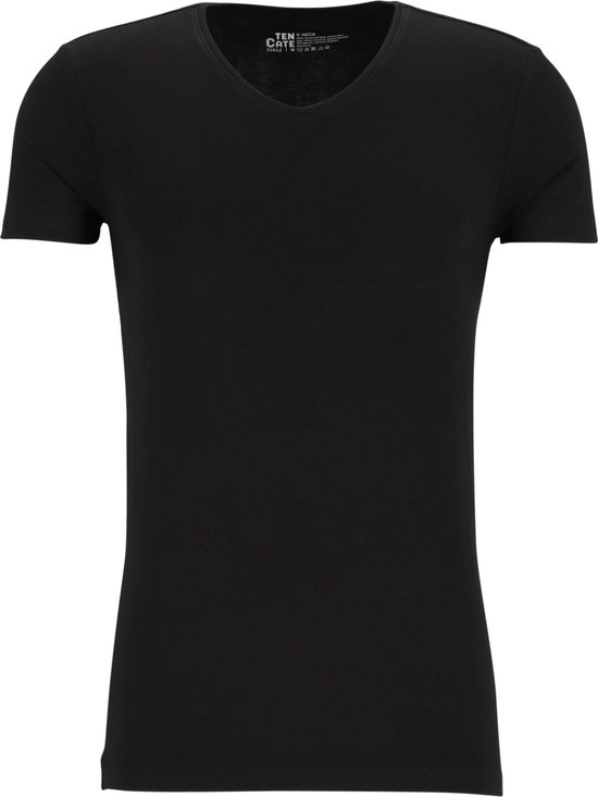 Zwarte t-shirt met v-hals, korte mouwen en neklabel.