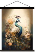 Posterhanger incl. Poster 90x120 cm - Schoolplaat - Pauw - Pauwenveren - Bloemen - Vogels - Botanisch - Textielposter - Zwarte latten