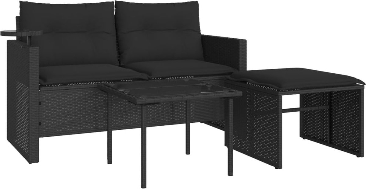 vidaXL 3-delige - Loungeset - met - kussens - poly - rattan - zwart