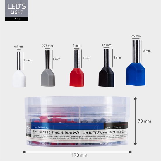 Assortiment d'embouts - 5 tailles de 0,5 mm² à 2,5 mm² - embouts double fil - 225 pièces