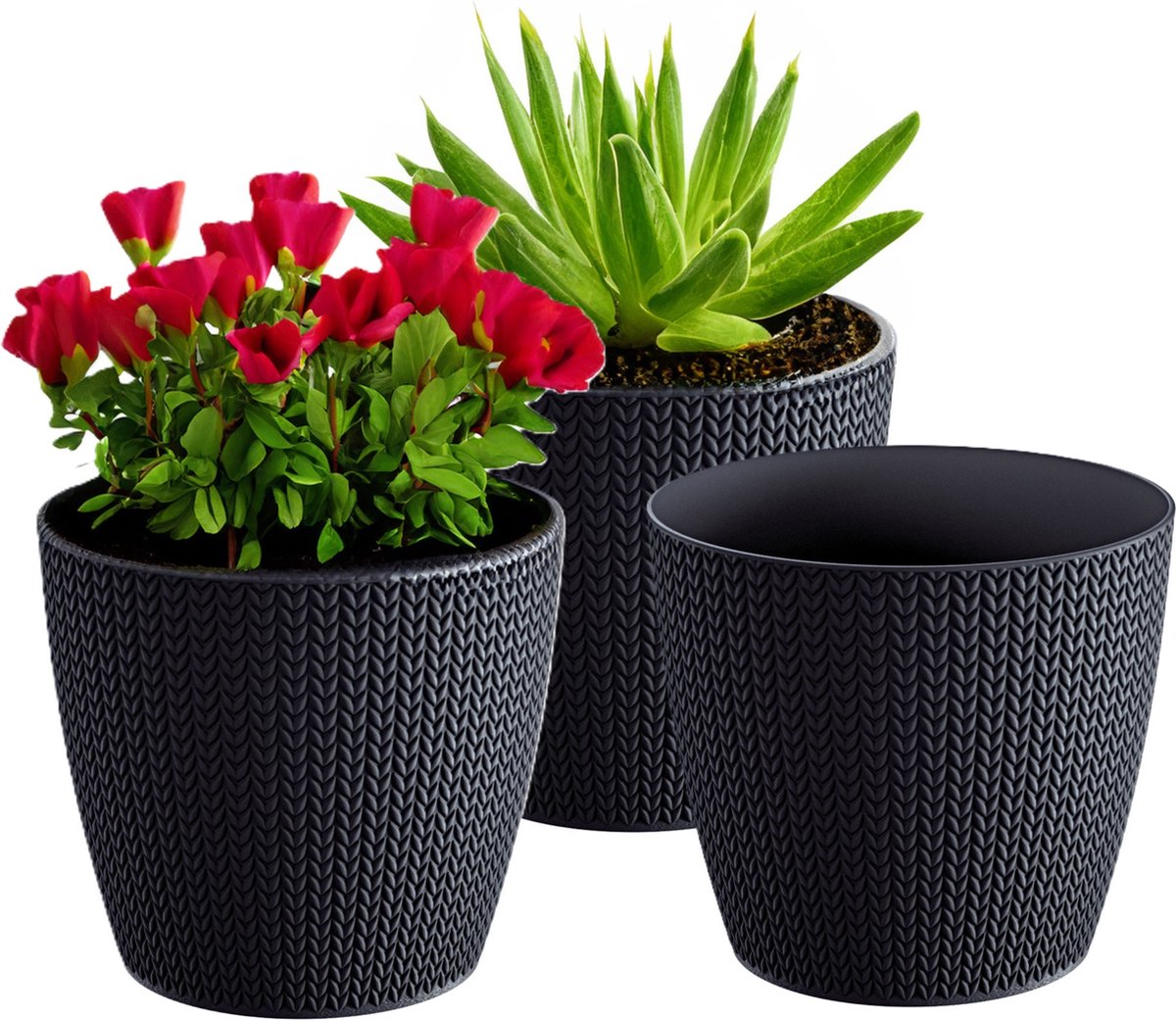 Prosperplast Plantenpot Bloempot 3x antraciet geribbeld D16 x H14 cm kunststof binnen buiten