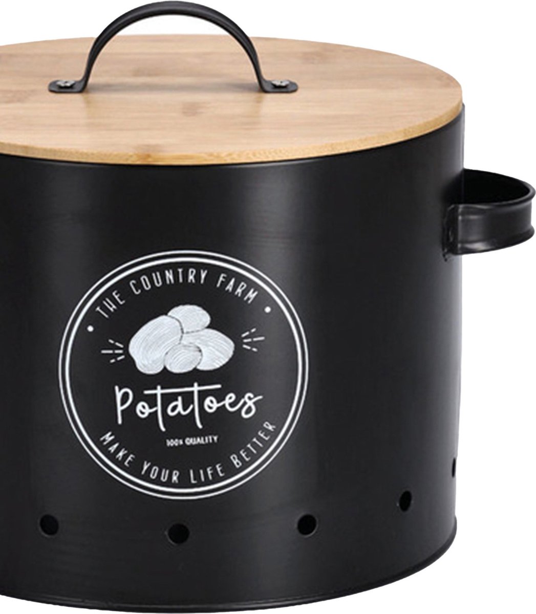 Zeller Aardappel bewaar pot/blik - metaal/hout - zwart - 18 x 28 cm - voorraad pot — cadeau in Wonen & Interieur - foto 4